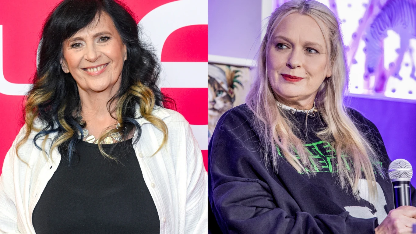 Wanda Kwietniewska i Katarzyna Nosowska Dwie kobiety w średnim wieku, każda na osobnym tle, jedna uśmiechnięta ubrana w czarną bluzkę i białą koszulę, druga trzyma mikrofon, ubrana w ciemną bluzę z jasnymi włosami rozpuszczonymi na ramionach.