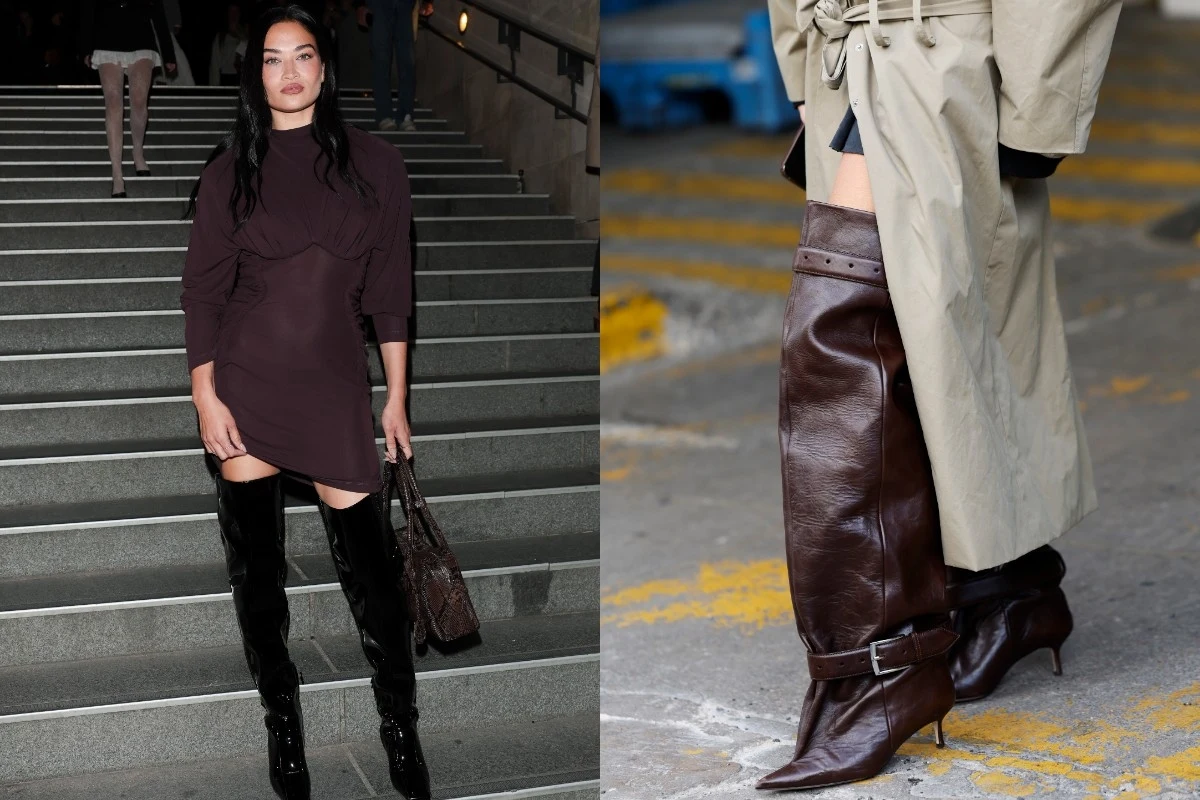 Kobieta ubrana w krótką, ciemną sukienkę, długie czarne kozaki oraz trzymająca torebkę stojąca na schodach; na drugim zdjęciu zbliżenie na wysokie, brązowe skórzane kozaki z klamrami i szpilką, założone do jasnego płaszcza.