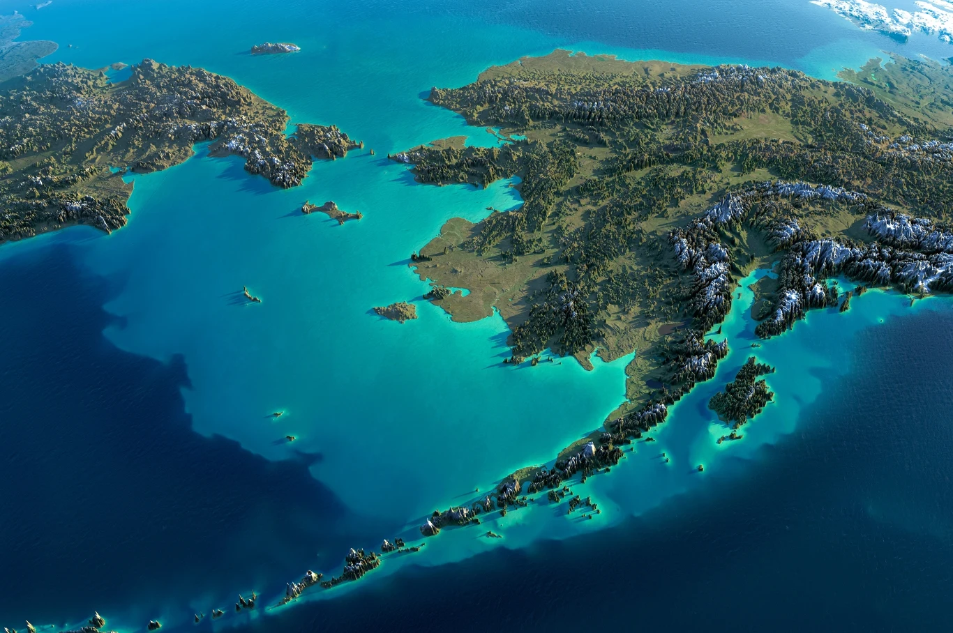 Półwysep, otoczony turkusowymi wodami, z wyraźnie widocznymi pasmami górskimi oraz wysepkami na wodzie, urozmaicona linia brzegowa przechodząca w liczne małe wyspy.