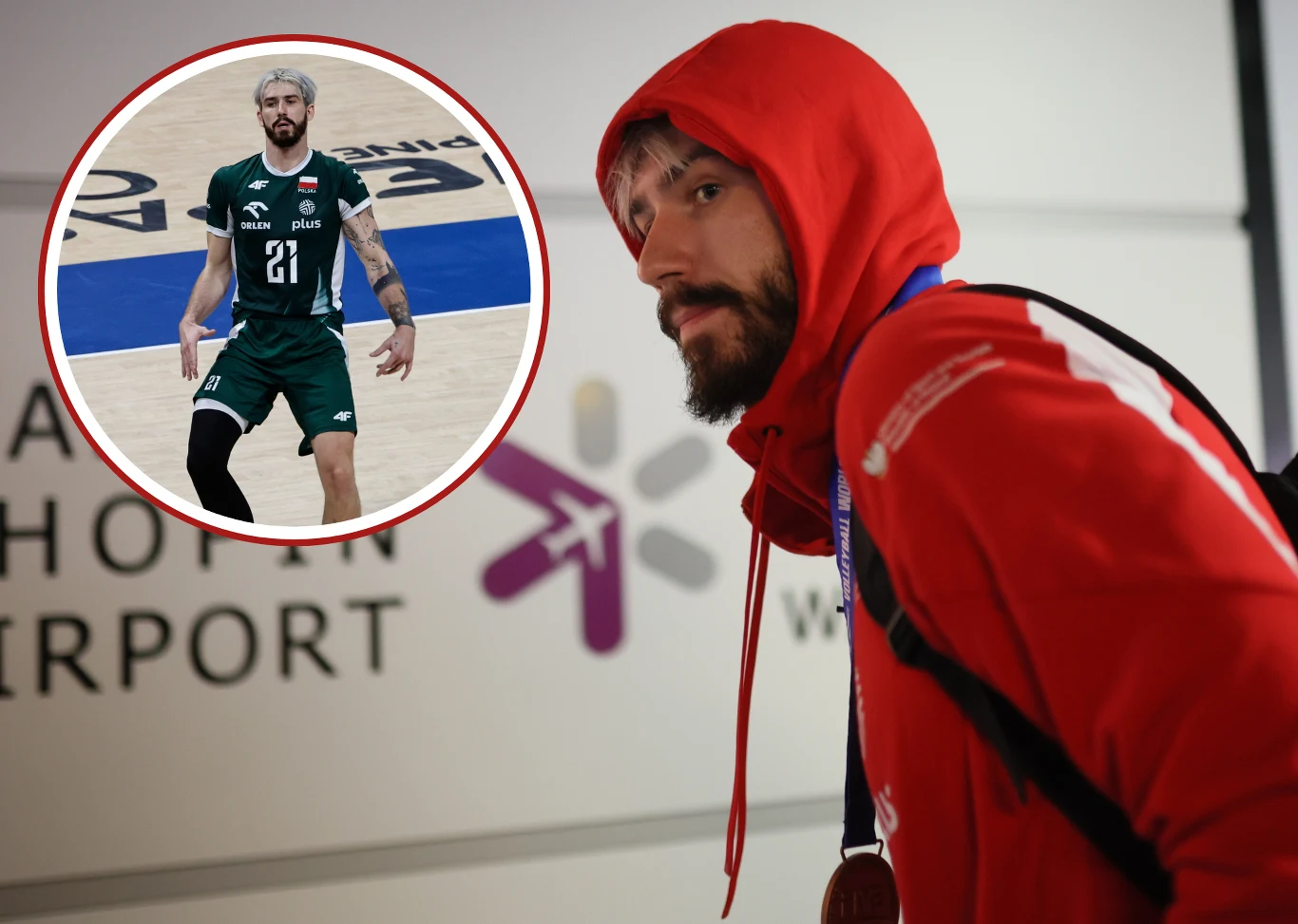 Siatkarz reprezentacji Polski - Tomasz Fornal Mężczyzna w czerwonej bluzie z kapturem oraz medalem na szyi stoi na tle oznaczeń lotniska, w okrągłym powiększeniu widoczny ten sam mężczyzna podczas meczu siatkówki, ubrany w zielony strój sportowy z numerem 21.
