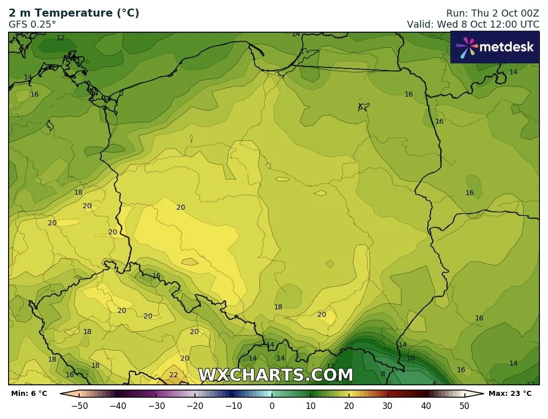 Kolorowa mapa temperatury powietrza na poziomie 2 metrów dla terytorium Polski i okolicznych krajów, przedstawiająca rozkład temperatur w stopniach Celsjusza według skali barwnej, z najniższymi temperaturami w południowo-wschodniej części kraju.