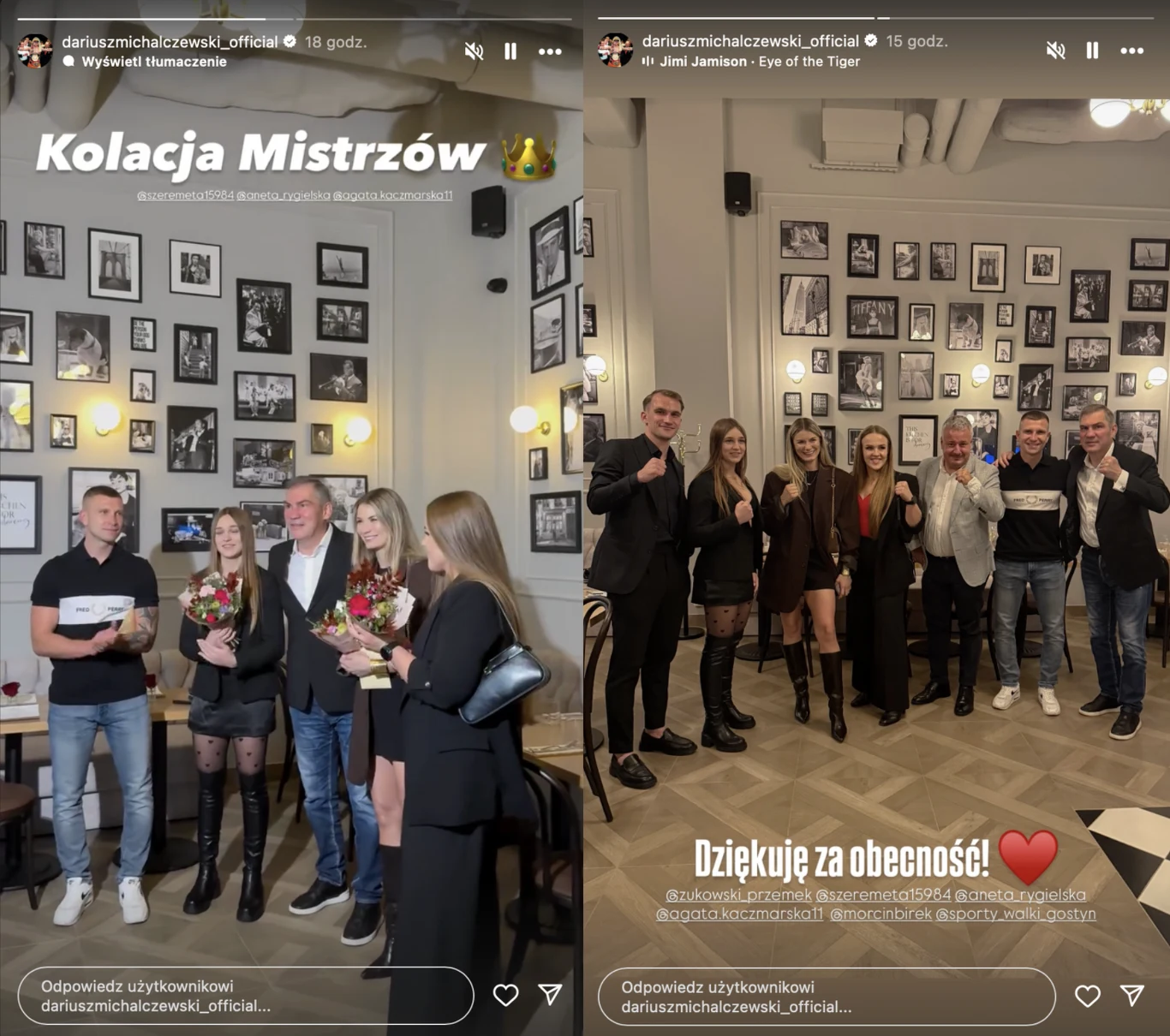 Dariusz Michalczewski spotkał się z Julią Szeremetą, Anetą Rygielską i Agatą Kaczmarską Grupa osób pozuje do zdjęcia w stylowej restauracji, na tle ścian ozdobionych licznymi czarno-białymi fotografiami, część osób trzyma bukiety kwiatów, wszyscy są elegancko ubrani, panuje atmosfera spotkania towarzyskiego.