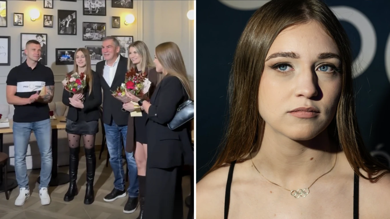 Julia Szeremeta spotkała się z Dariuszem Michalczewskim Grupa czterech osób stoi razem w jasnym wnętrzu restauracji, dwie kobiety trzymają bukiety kwiatów, a jedna z nich rozmawia z mężczyzną w marynarce; po prawej stronie zbliżenie portretowe młodej kobiety o jasnych oczach i prostych, rozpuszczonych włosach.