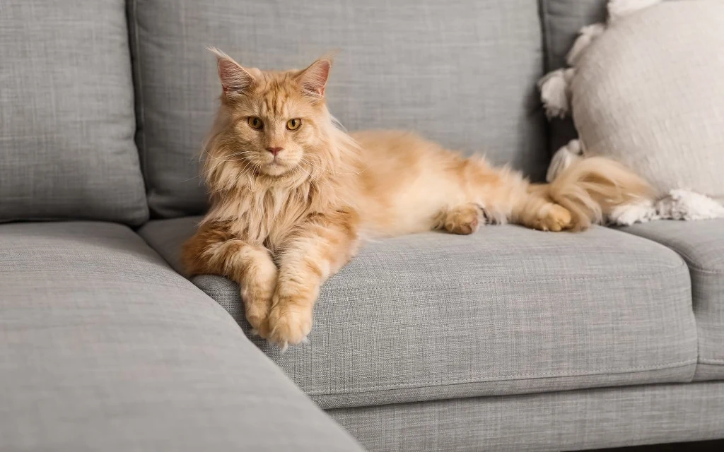 Długi, puszysty kot rasy maine coon o rudym umaszczeniu wygodnie leży na jasnoszarej kanapie, patrząc bezpośrednio w stronę aparatu. Po prawej stronie widoczna jest jasna poduszka z dekoracyjnymi frędzlami.