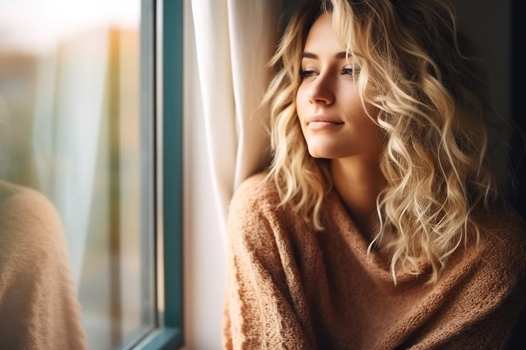 Pełnia oświetli sferę finansów i osobistych wartości. Młoda kobieta o blond włosach spoglądająca przez okno, ubrana w ciepły, brązowy sweter, emanująca spokojem i zamyśleniem, promienie światła subtelnie oświetlają jej twarz.