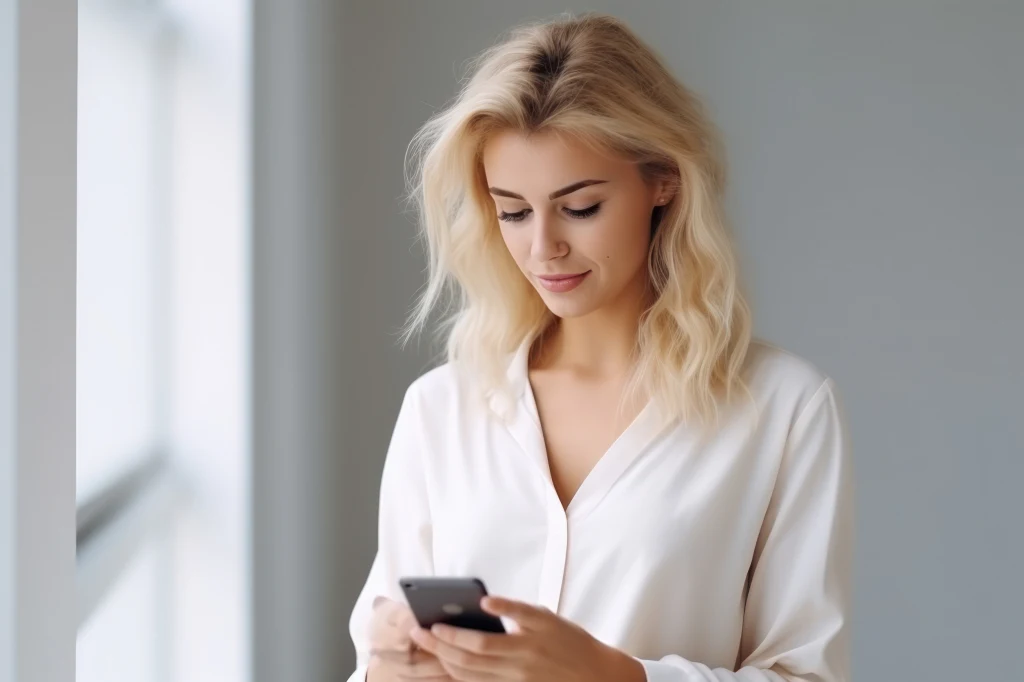 Uśmiechnięta kobieta o blond włosach w jasnej koszuli patrzy na telefon komórkowy, stojąc w jasnym, minimalistycznym wnętrzu.