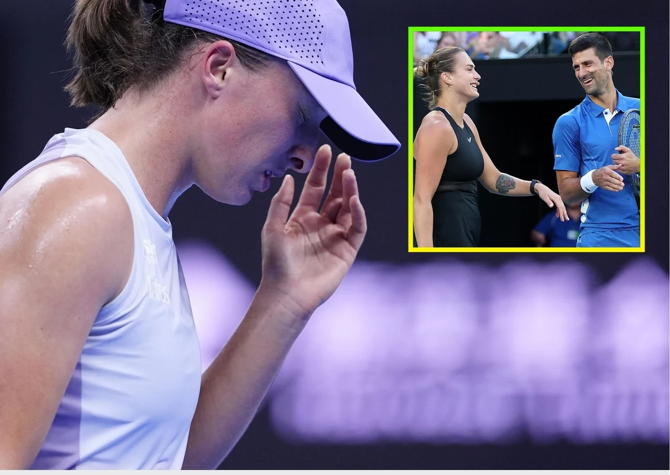 Iga Świątek / Aryna Sabalenka i Novak Djoković Zbliżenie tenisistki w fioletowej czapce spuszczającej głowę w geście zamyślenia lub rozczarowania, w prawym górnym rogu wstawka z radosną rozmową kobiety i mężczyzny ubranych w stroje sportowe na korcie tenisowym.