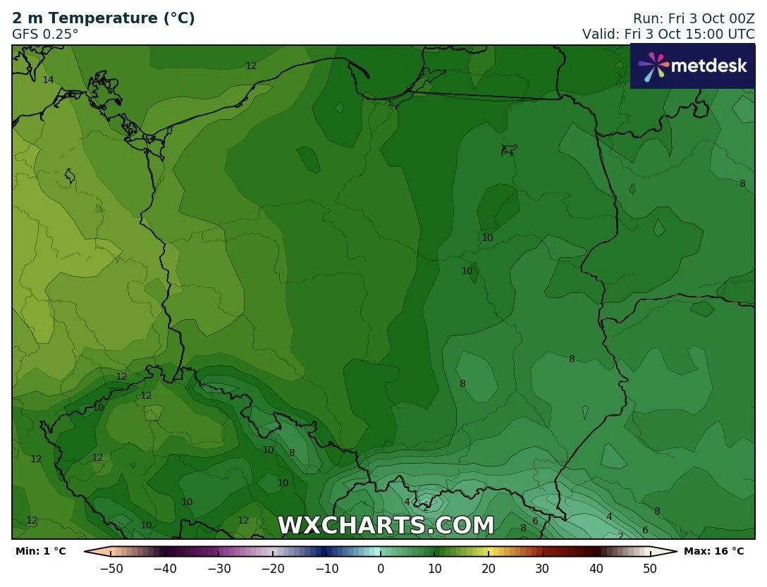 Mapa pogodowa Polski prezentująca rozkład temperatur powietrza na wysokości 2 metrów nad powierzchnią gruntu, z wyraźnie oznaczonymi wartościami temperatur w skali barw.