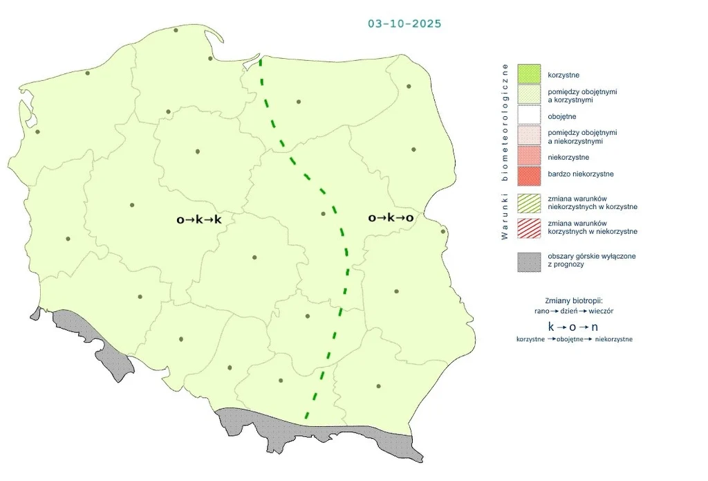 Mapa Polski z oznaczeniami warunków biometeorologicznych na dzień 3 października 2025 roku oraz strefami korzystnych i niekorzystnych zmian wraz z legendą wyjaśniającą kolory i symbole.