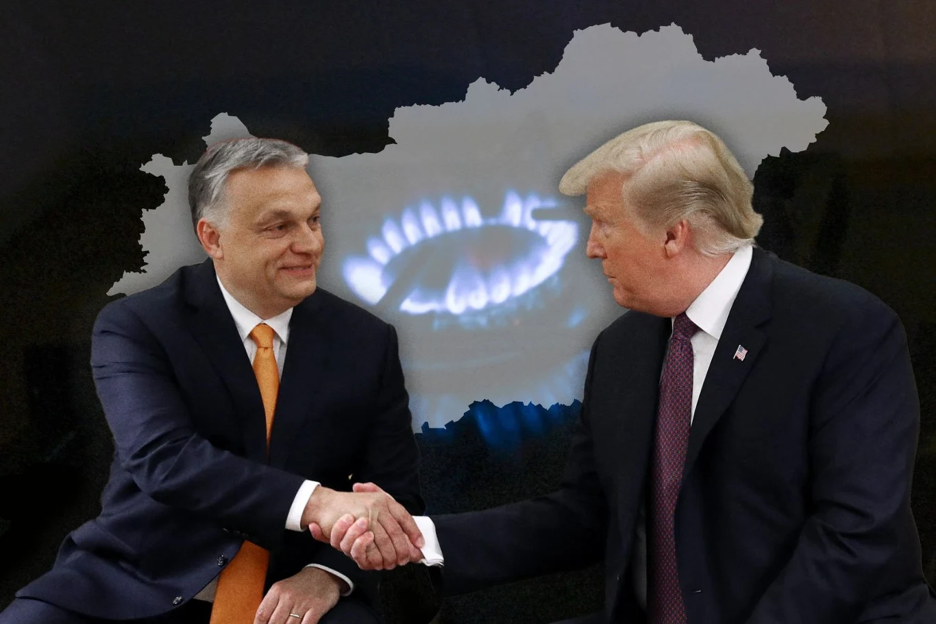 Donald Trump okazał nagłe zrozumienie dla Węgier po rozmowie z Orbanem Dwóch polityków ściska sobie dłonie na tle mapy kraju, na której widoczny jest niebieski płomień palnika gazowego.