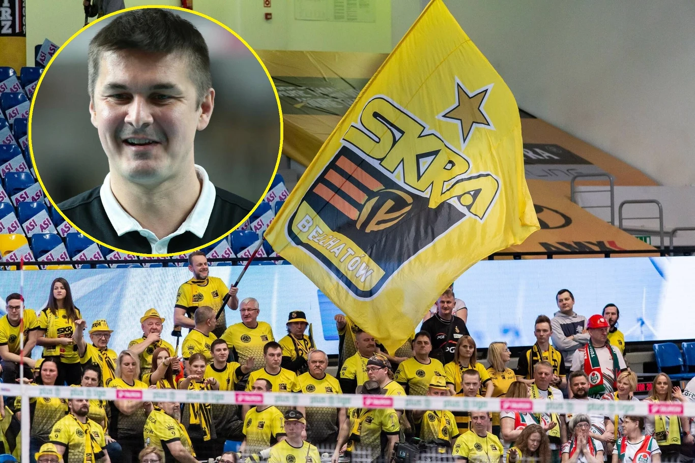Michał Bąkiewicz opowiedział o celach PGE GiEK Skry Bełchatów Tłum kibiców ubranych w żółte koszulki, machających dużą flagą z logo Skry Bełchatów na trybunach hali sportowej; nałożone w górnym lewym rogu powiększone zdjęcie uśmiechniętego mężczyzny.