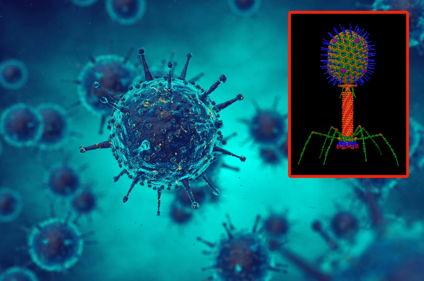 Superbakterie i antybiotykooporność to dziś coraz większy problem. Mogą go rozwiązać bakteriofagi Struktura wirusa w powiększeniu z licznymi wypustkami białkowymi unosząca się w niebieskim tle, w prawym górnym rogu schematyczny rysunek bakteriofaga na czarnym tle z kolorowymi elementami budowy.