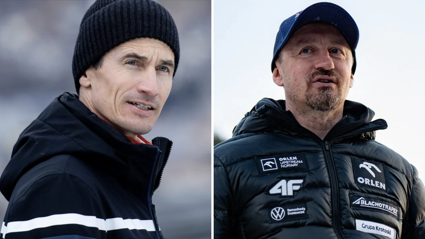 Dwie dorosłe osoby w zimowych ubraniach, jedna w czarnej czapce i kurtce, druga w granatowej kurtce sportowej z widocznymi logotypami sponsorów, na tle rozmytego, zimowego krajobrazu.