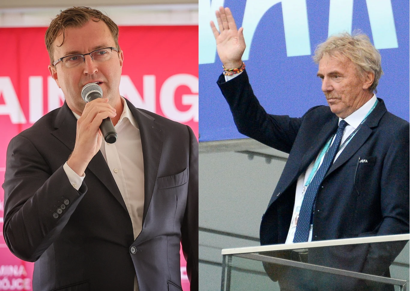 Dwóch mężczyzn, jeden w garniturze mówi do mikrofonu na tle czerwonego baneru, drugi w garniturze podnosi rękę w geście pozdrowienia stojąc na trybunie.