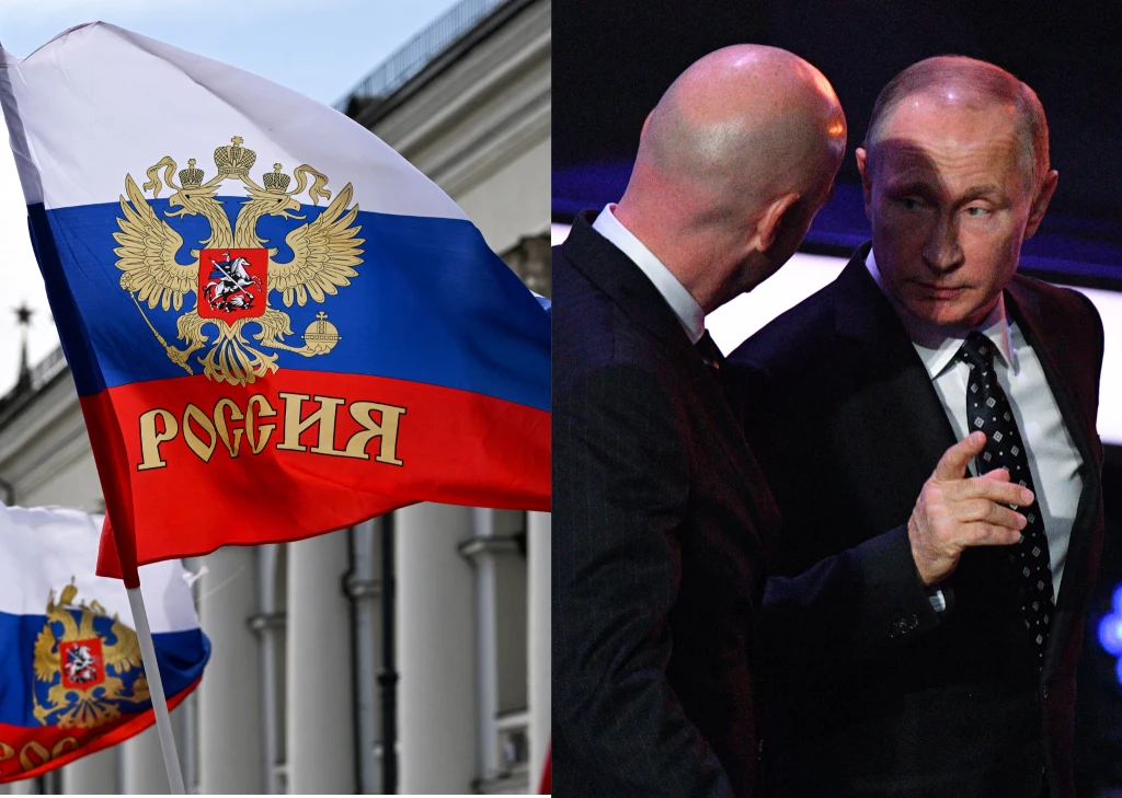 Rosjanie chcą zagrać na MŚ 2026. Na zdjęciu prezes FIFA Gianni Infantino oraz Władimir Putin Flaga Federacji Rosyjskiej z herbem i napisem oraz dwóch mężczyzn, z których jeden to znany polityk w garniturze, prowadzący rozmowę.