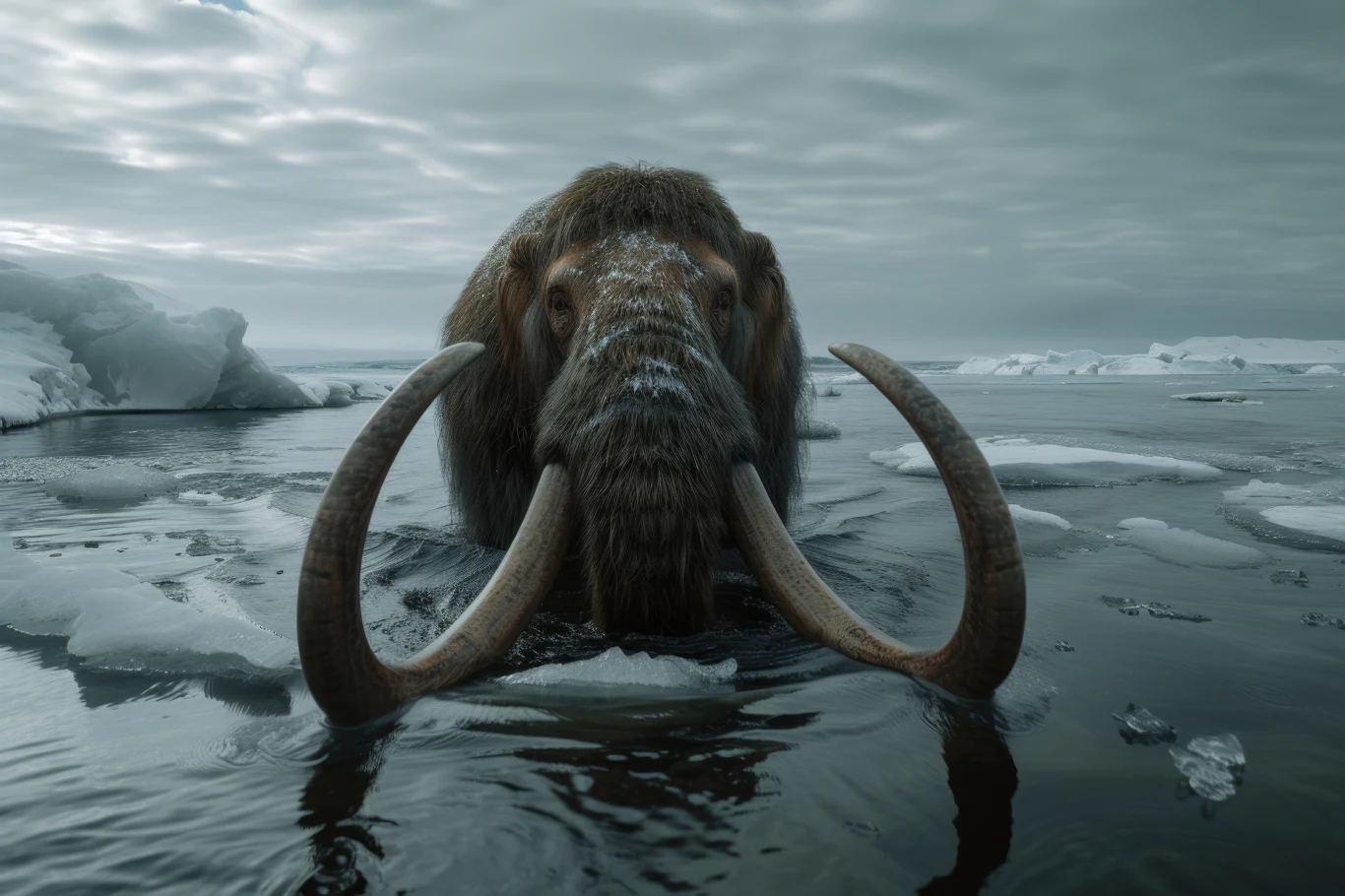 Mamuta z długimi zakrzywionymi kłami stojącego w lodowatej wodzie w otoczeniu pływających kawałków lodu i surowego, arktycznego krajobrazu.
