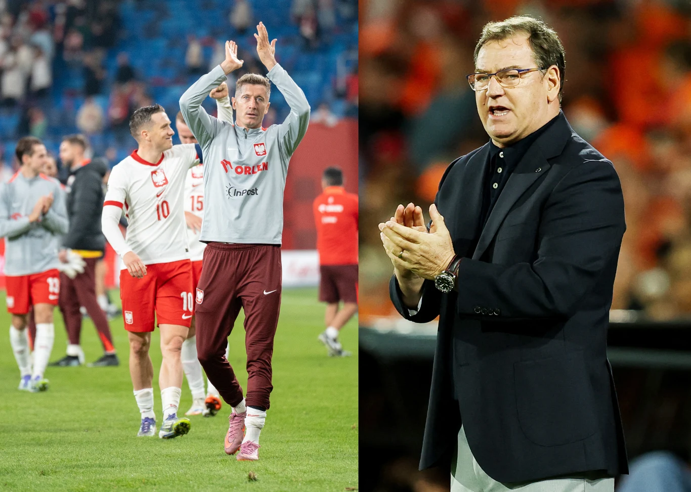 Piłkarze reprezentacji Polski świętują zwycięstwo lub zakończenie meczu, w tle stadion oraz inni zawodnicy, po prawej stronie widoczny trener bijący brawo.