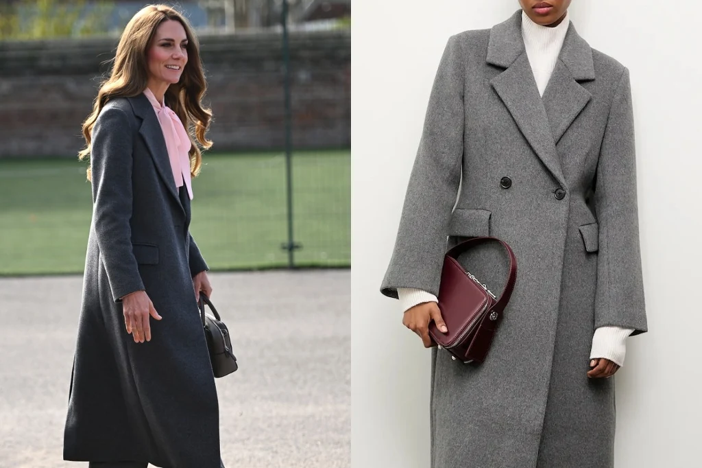 Elegancki płaszcz na jesień. Fot. WPA Pool/Getty Images, answear.com Dwie kobiety ubrane w eleganckie, szare płaszcze, jedna stoi na zewnątrz z torebką, a druga pozuje w studio, trzymając bordową torebkę przy boku.
