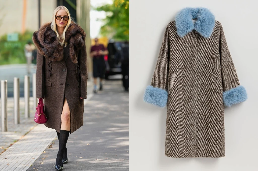 Modne płaszcze w stylu it-girls. Fot. Edward Berthelot/Getty Images, Reserved.com Po lewej stronie kobieta ubrana w elegancki, brązowy płaszcz z szerokim kołnierzem i futrzanym obszyciem w kolorze brązowym, dopełniająca stylizację długimi czarnymi kozakami oraz torebką w kolorze bordo; po prawej stronie sama sylwetka płaszcza w odci...