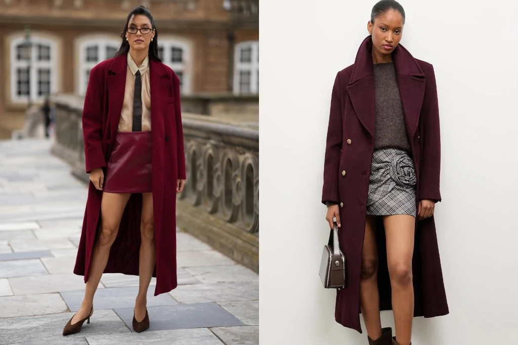 Bordowy płaszcz to must-have sezonu. Fot. Moritz Scholz/Getty Images, Answear.com Dwie kobiety ubrane modnie w długie bordowe płaszcze, prezentujące stylizacje z krótkimi spódnicami i eleganckimi dodatkami, stoją w różnych miejskich sceneriach.