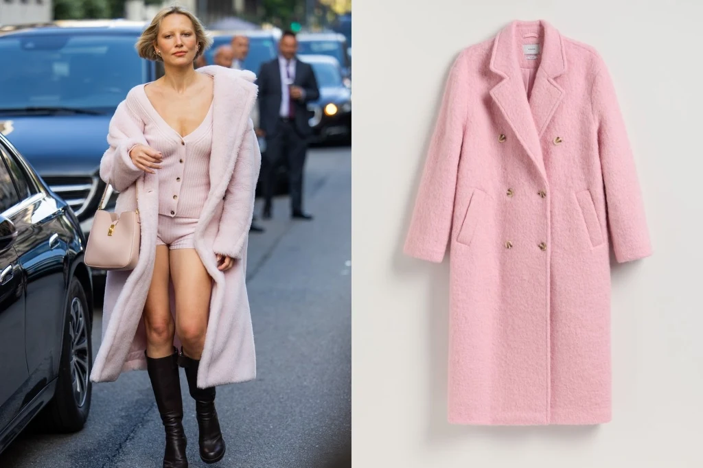 Różowy płaszcz na jesień 2025. Fot. Christian Vierig/Getty Images, Reserved.com Kobieta w jasnoróżowym płaszczu i dopasowanej stylizacji spaceruje ulicą, w tle widać przechodniów i samochody, po prawej stronie widoczny jest ten sam różowy płaszcz sfotografowany na białym tle.