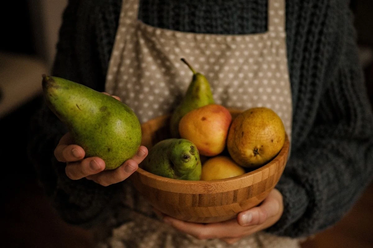 Drewniana miska pełna gruszek w różnych odcieniach, trzymana w rękach osoby ubrane w szary sweter i fartuszek w białe kropki, jedna z gruszek jest trzymana osobno w lewej dłoni.