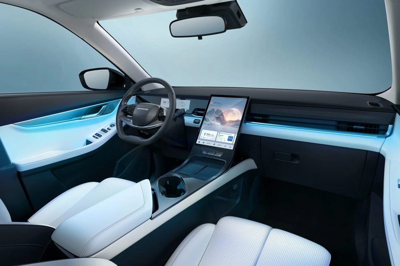 Nowoczesne, przestronne wnętrze elektrycznego samochodu z wyświetlaczem centralnym na konsoli, białą tapicerką, podświetleniem LED i minimalistycznym wykończeniem.