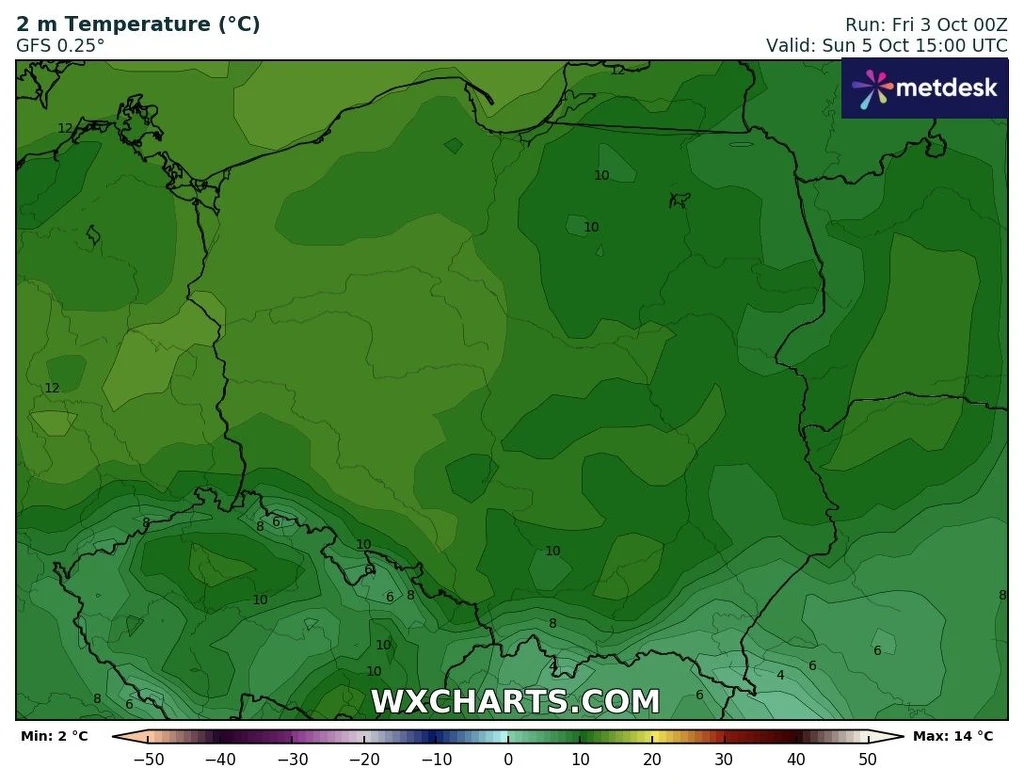 Kolorowa mapa Polski ukazująca prognozę temperatury powietrza na poziomie dwóch metrów nad ziemią w różnych regionach kraju, z oznaczeniem skali temperatury oraz szczegółowym podziałem na województwa i granice państw.