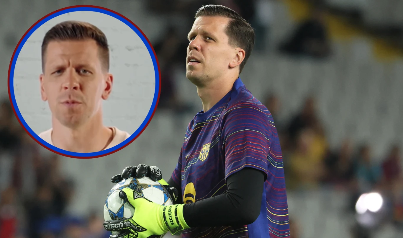 Wojciech Szczęsny Bramkarz w stroju sportowym stoi na boisku, trzymając piłkę do gry w rękach, na tle pustych trybun. W lewym górnym rogu znajduje się wstawka zbliżenia jego twarzy.