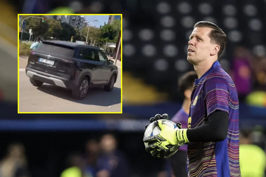 Wojciech Szczęsny jest ambasadorem marki Jaecoo, natomiast partnerem motoryzacyjnym FC Barcelony jest Cupra. Piłkarz w stroju bramkarza trzyma piłkę i patrzy w górę na stadionie, w lewym górnym rogu zdjęcia znajduje się wstawka z autem osobowym zaparkowanym na ulicy.