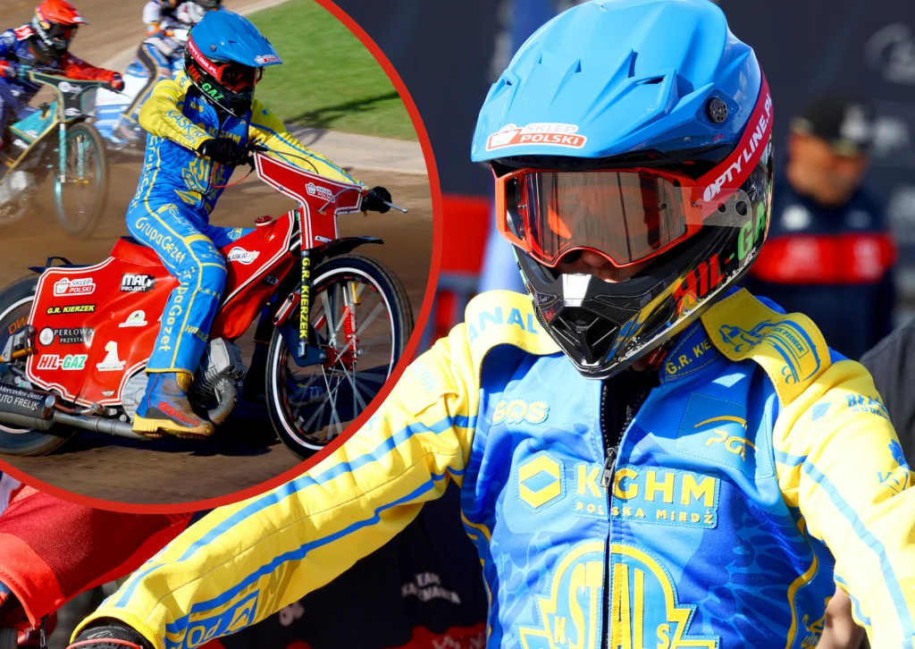 Zawodnik żużlowy w niebiesko-żółtym kombinezonie z logotypami sponsorów, w kasku i okularach ochronnych, stoi z motocyklem, w tle dodatkowo widoczne ujęcie dynamiczne ze sportowej rywalizacji na torze.