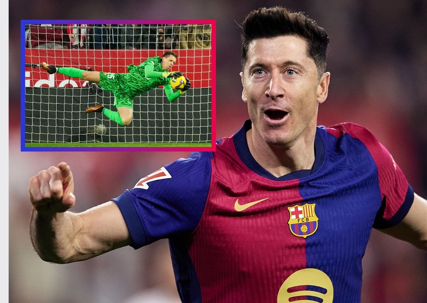 Robert Lewandowski i Wojciech Szczęsny dołożyli swoje cegiełki do wygranej z Sevilla FC Piłkarz w koszulce FC Barcelony świętujący zdobycie bramki, z widocznym uśmiechem i uniesioną ręką, w lewym górnym rogu kolaż z bramkarzem wykonującym efektowną paradę w bramce na tle siatki.