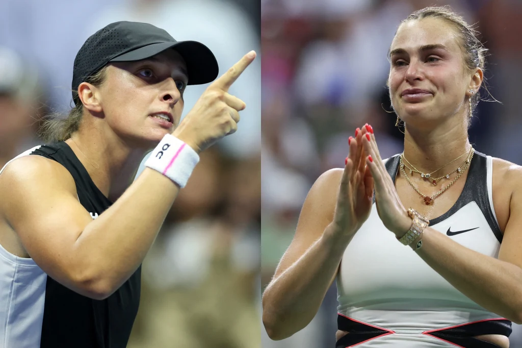 Iga Świątek i Aryna Sabalenka Po lewej stronie kobieta w czapce sportowej i opasce sportowej gestykuluje z determinacją, po prawej młoda kobieta z emocjonalnym wyrazem twarzy trzyma dłonie złożone jak do modlitwy, obie ubrane w stroje sportowe.