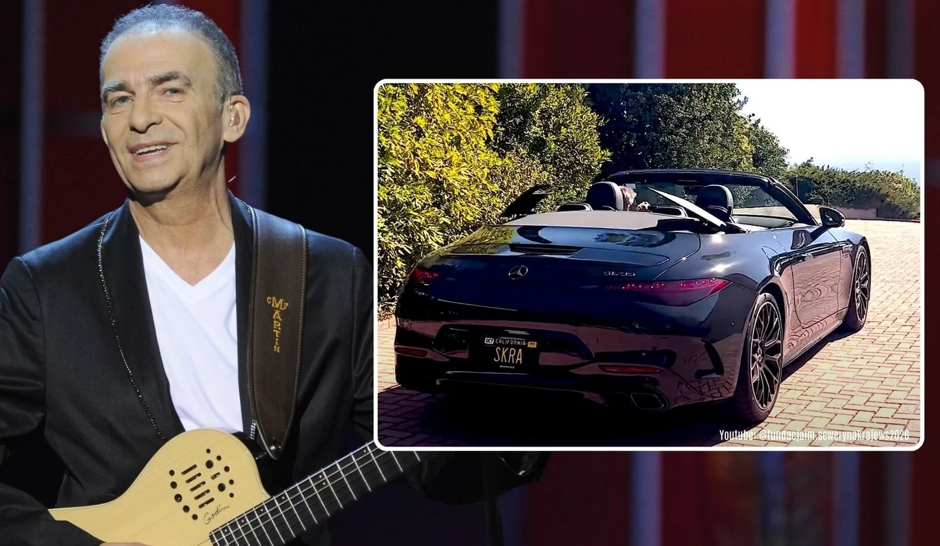 Mężczyzna trzymający gitarę elektryczną stoi na scenie, obok znajduje się wstawka z fotografią luksusowego czarnego kabrioletu marki Mercedes, zaparkowanego na tle bujnej zieleni.
