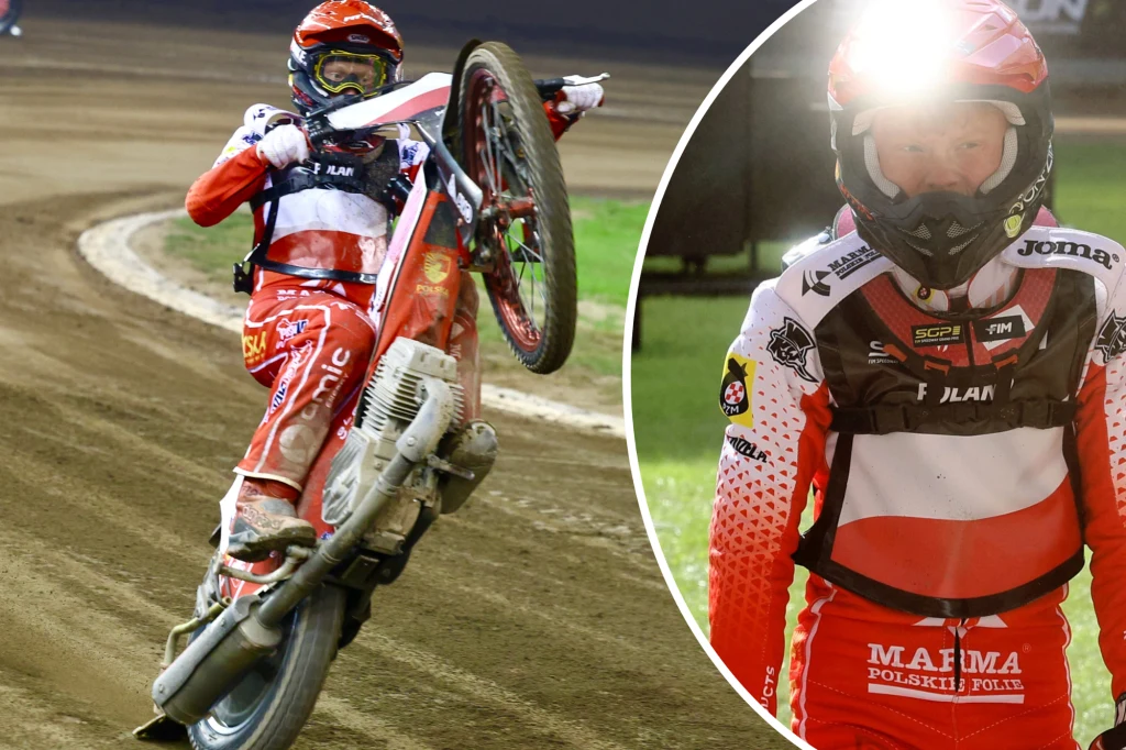 Maks Pawełczak zdobył 24 z 35 punktów całej kadry Zawodnik żużlowy wykonujący efektowny wheelie na torze podczas wyścigu, w sportowym kombinezonie oraz kasku, drugi kadr przedstawia portret zawodnika z bliska na murawie