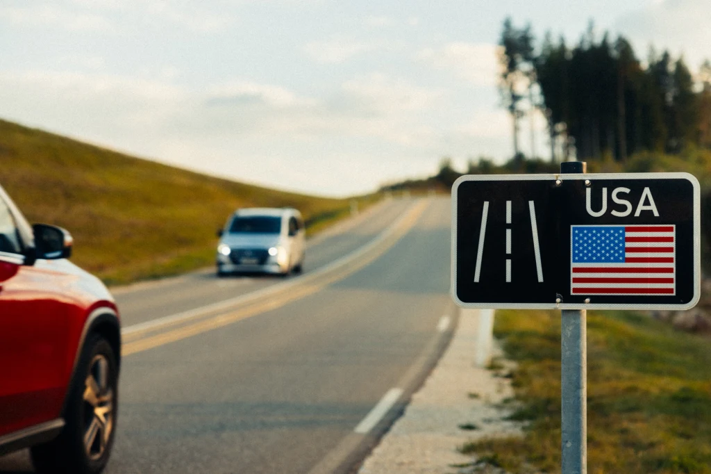W ośrodku w Immendingen znajdują się też fragmenty dróg z oznakowaniem z różnych części świata Droga prowadząca przez tereny zielone, po której poruszają się samochody, przy drodze stoi znak z flagą USA oraz napisem 'USA', w tle widoczny las.