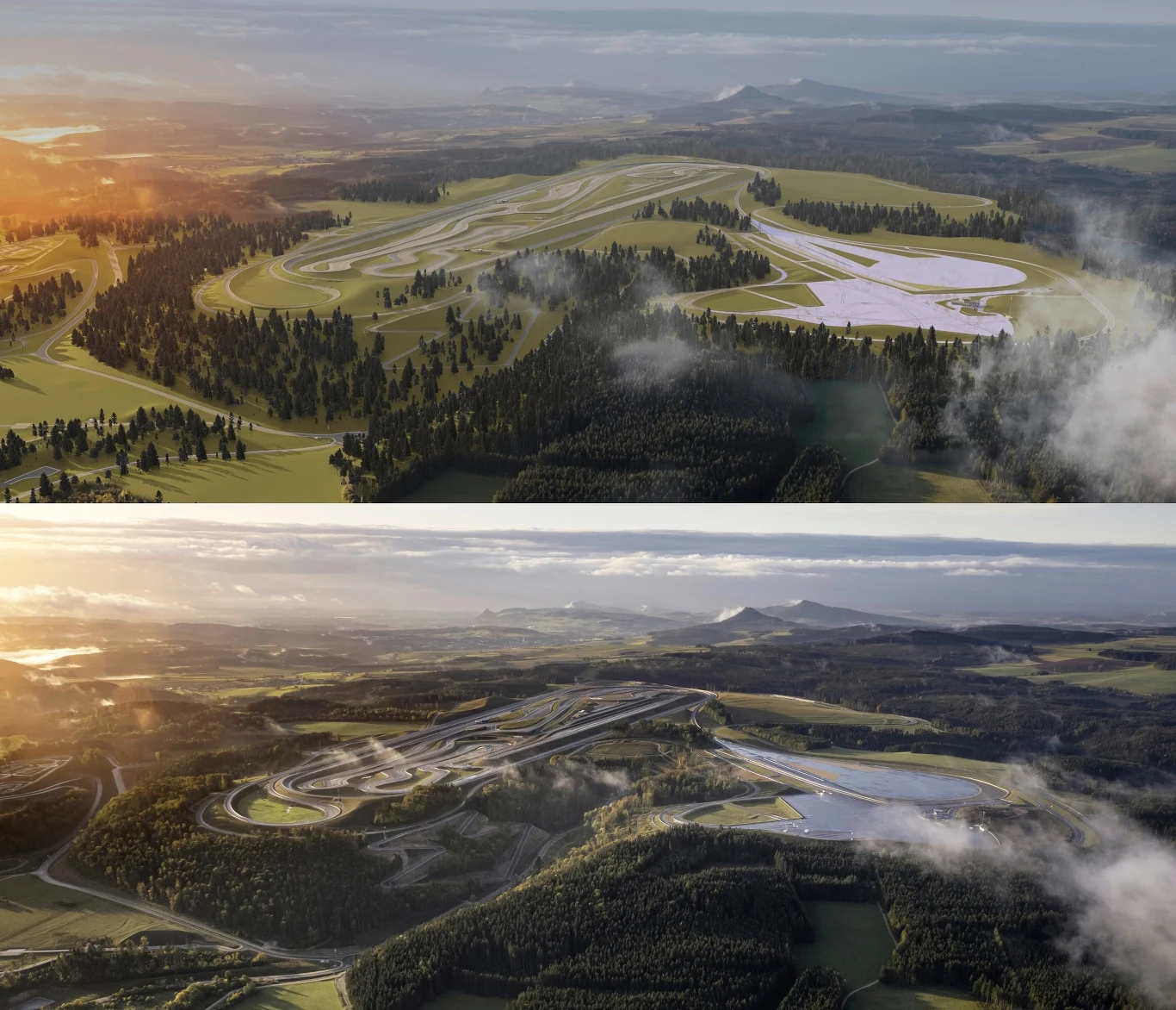 Dwa panoramy rozległego, zielonego terenu leśnego przecinającego się z asfaltowymi torami, na górnym obrazie widać planowany układ toru, na dolnym gotową infrastrukturę toru wyścigowego, wzgórza oraz zachmurzone niebo w tle.