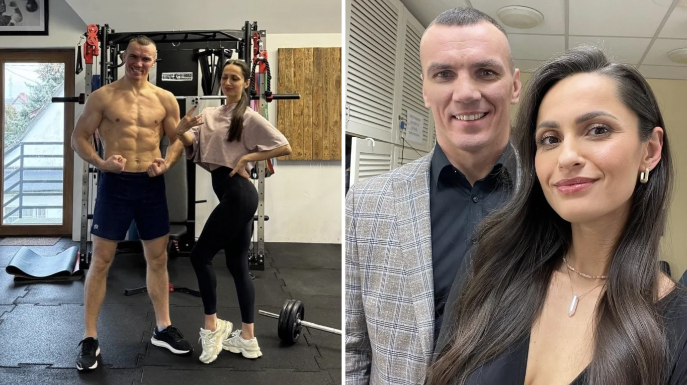 Mateusz Masternak i jego żona Daria poznali się na sali bokserskiej Para na siłowni, mężczyzna bez koszulki prezentuje muskulaturę, kobieta obok niego pozuje w sportowym stroju, druga część zdjęcia pokazuje te same osoby ubrane elegancko, stojące blisko siebie i uśmiechające się do selfie.