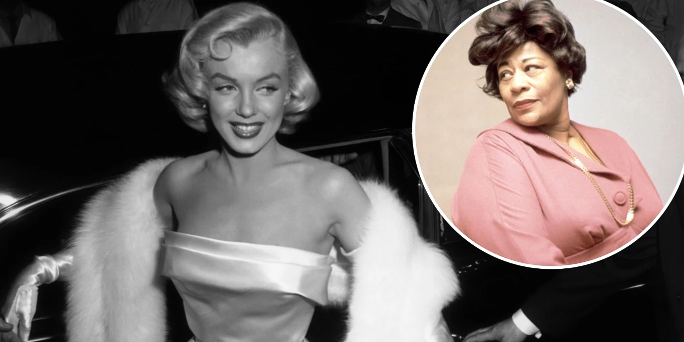 Marilyn Monroe pomogła Elli Fitzgerald Kobieta w eleganckiej, jasnej sukni z futrzaną etolą uśmiecha się, a w okrągłej ramce widoczna jest inna kobieta o poważnym wyrazie twarzy, ubrana w różową bluzkę.