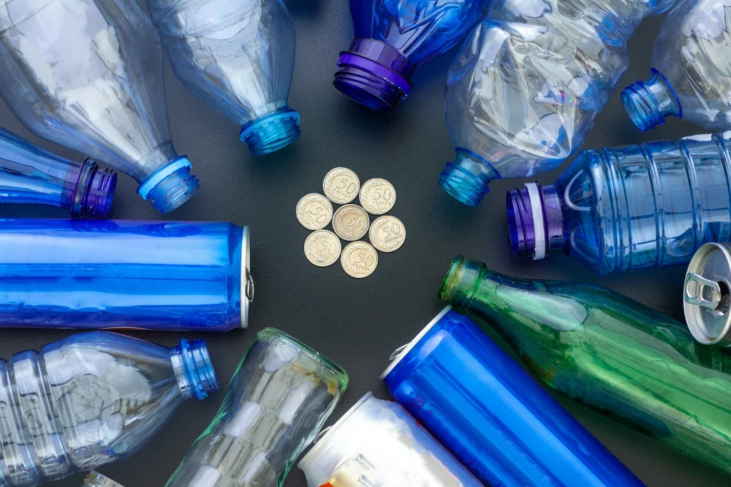 Plastikowe butelki w różnych odcieniach niebieskiego i zieleni ułożone w okrąg wokół kilku monet na ciemnym tle