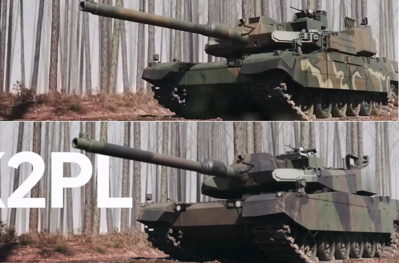 Nowoczesny czołg o kamuflażu leśnym ustawiony w leśnej scenerii, duże działo skierowane lekko ku górze, na zdjęciu dwukrotnie różne ujęcia tego samego pojazdu, napis K2PL w lewym dolnym rogu.