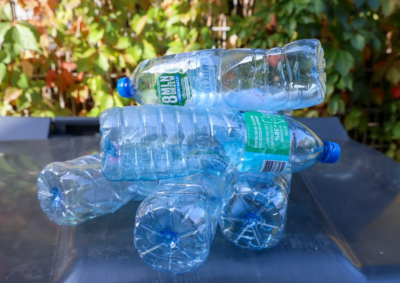 Puste plastikowe butelki po wodzie mineralnej ułożone w nieregularny stos na powierzchni kosza na śmieci, w tle rozmyte liście w jesiennych kolorach.