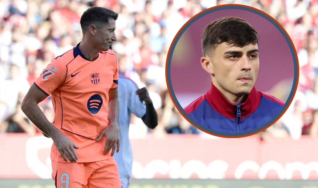 Robert Lewandowski i Pedri Gonzalez Piłkarz w pomarańczowym stroju sportowym z numerem 9 stoi podczas meczu, w tle rozmyci kibice na trybunach; w prawym górnym rogu znajduje się wstawka z portretem innego młodego zawodnika w klubowej kurtce.