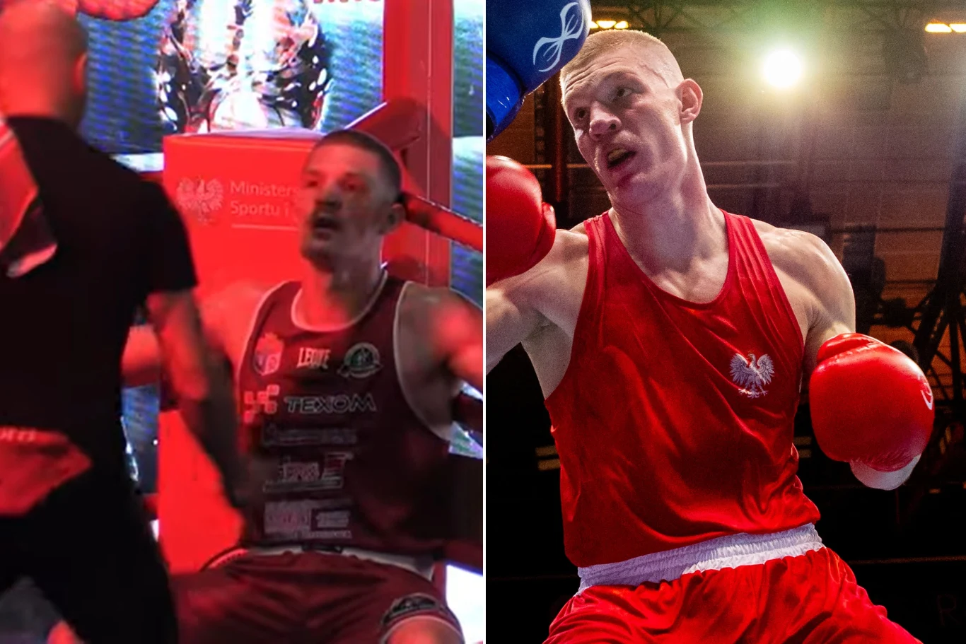 Dwuczęściowy kolaż z bokserem w czerwonym stroju, po lewej stronie zawodnik siedzi na ringu w otoczeniu innych osób i świateł, po prawej jest w trakcie walki, z rękawicami uniesionymi do obrony.