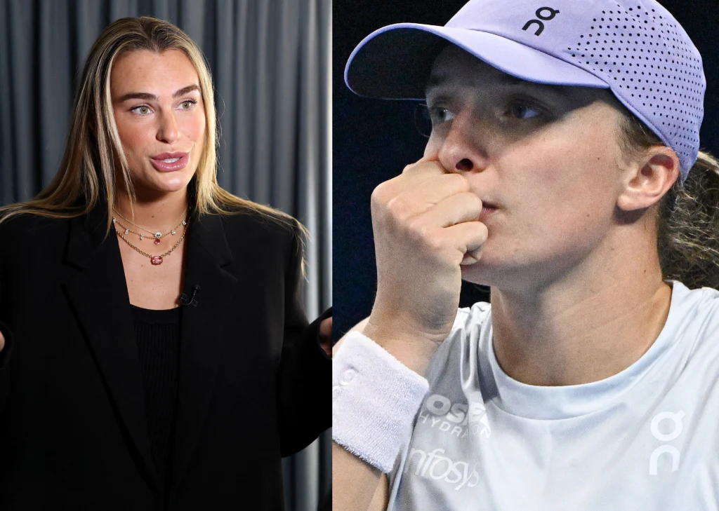 Aryna Sabalenka oraz Iga Świątek Po lewej stronie kobieta z długimi włosami uśmiecha się subtelnie, ubrana w czarną marynarkę, po prawej sportowczyni w czapce i koszulce sportowej w zamyśleniu przykłada rękę do ust.