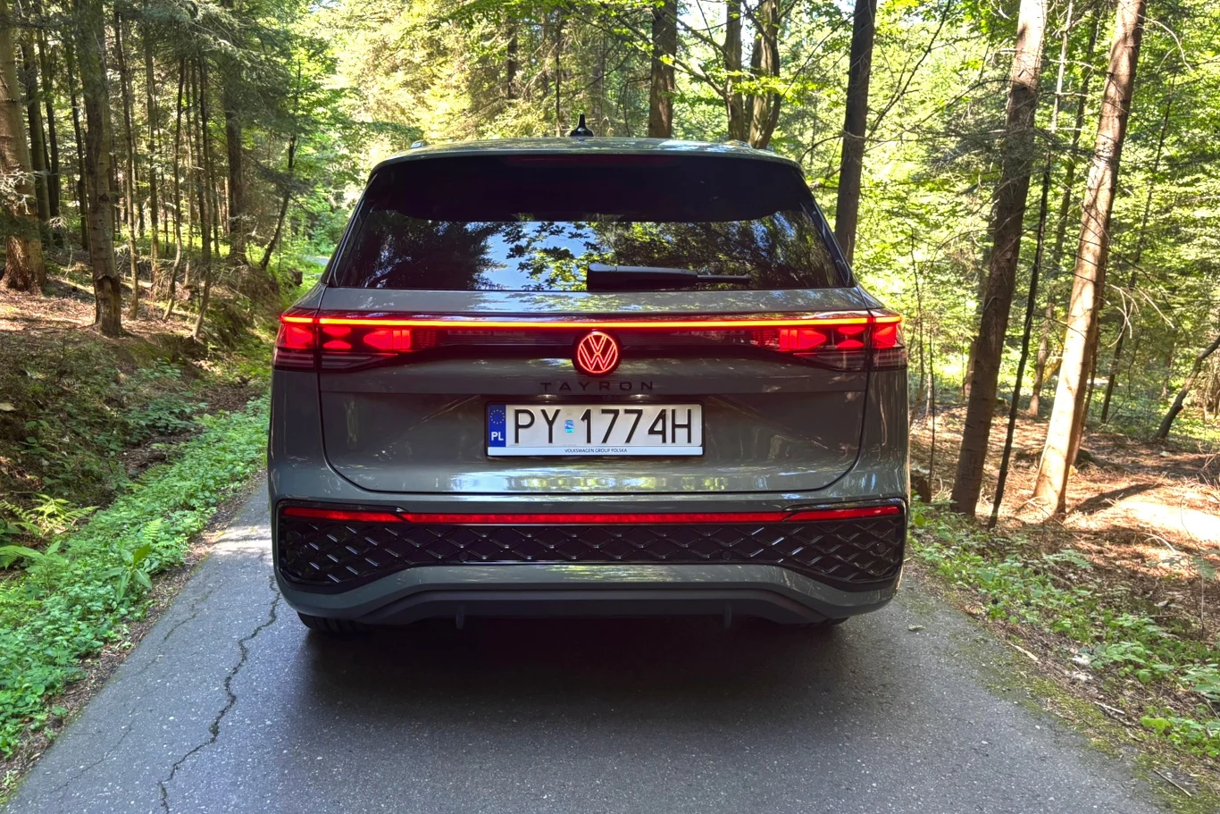 Z przodu i z tyłu Tayron ma podświetlane logo i listy biegnące w poprzek nadwozia / Fot: Tomasz Szpil Volkswagen ID.4 na wąskiej drodze w lesie, widok od tyłu, na tablicy rejestracyjnej widoczny numer, wokół drzewa i zielona roślinność
