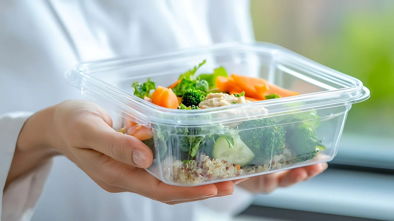 Plastikowe pudełko lunchowe trzymane w dłoniach, wypełnione ugotowanymi brokułami, marchewką, zielonymi warzywami i zdrowym zbożem, widać świeże składniki i apetyczny wygląd posiłku.