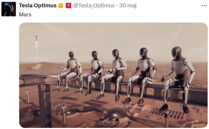 Wizja Elona Muska jego robotów Optimus na Marsie. Pięć humanoidalnych robotów siedzi na belce konstrukcyjnej nad marsjańską kolonią, w tle widać futurystyczne budynki oraz startującą rakietę. Scena utrzymana jest w stylistyce science fiction, z dominującą czerwoną barwą powierzchni Marsa.