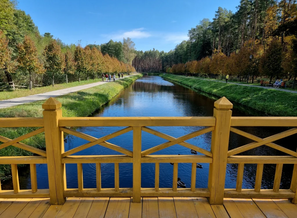 Zwierzyniec to wyjątkowe miejsce na mapie Roztocza Drewniany mostek z żółtymi barierkami ponad spokojną rzeką otoczoną alejami drzew o jesiennych barwach, za mostkiem widoczna prosta aleja z ludźmi spacerującymi w oddali oraz gęsty las po obu stronach.