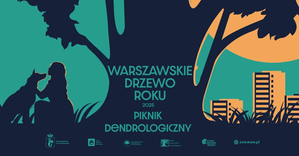 Grafika promocyjna z sylwetkami kobiety i psa pod drzewem na tle miejskiej panoramy, po prawej stronie widoczny pomarańczowy okrąg sugerujący słońce, z tekstem informującym o wydarzeniu Warszawskie Drzewo Roku 2025 oraz pikniku dendrologicznym.